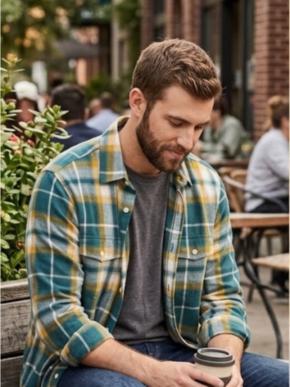 Falls Creek Green & Mustard Plaid Flannel Button-Up Shirt